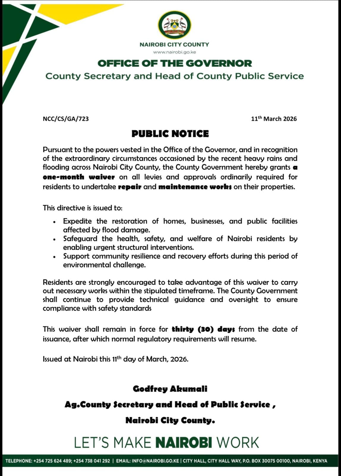 Sakaja waives repair levies for flood-hit Nairobi residents